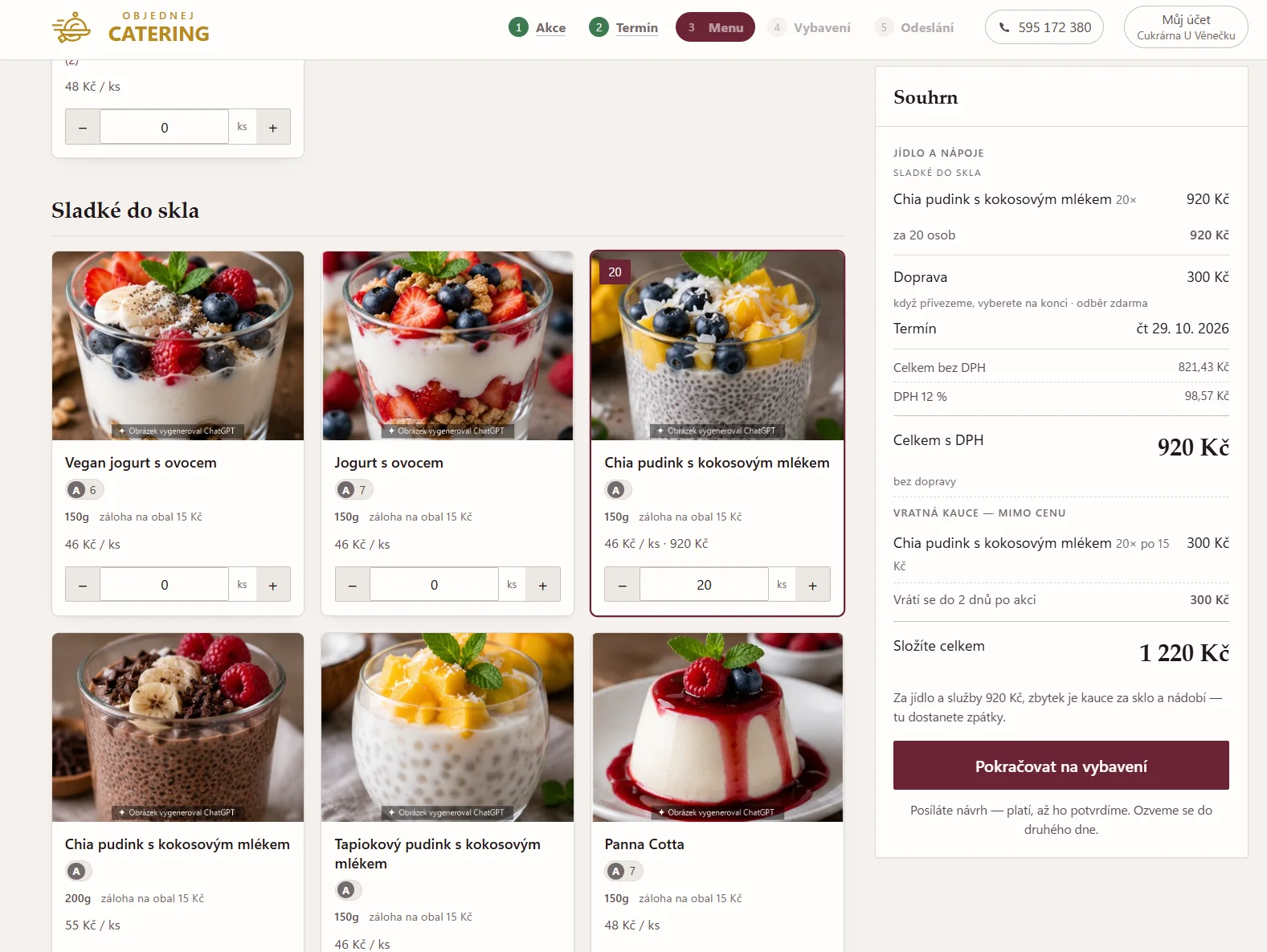 Úprava menu se souhrnem ceny a vratné kauce