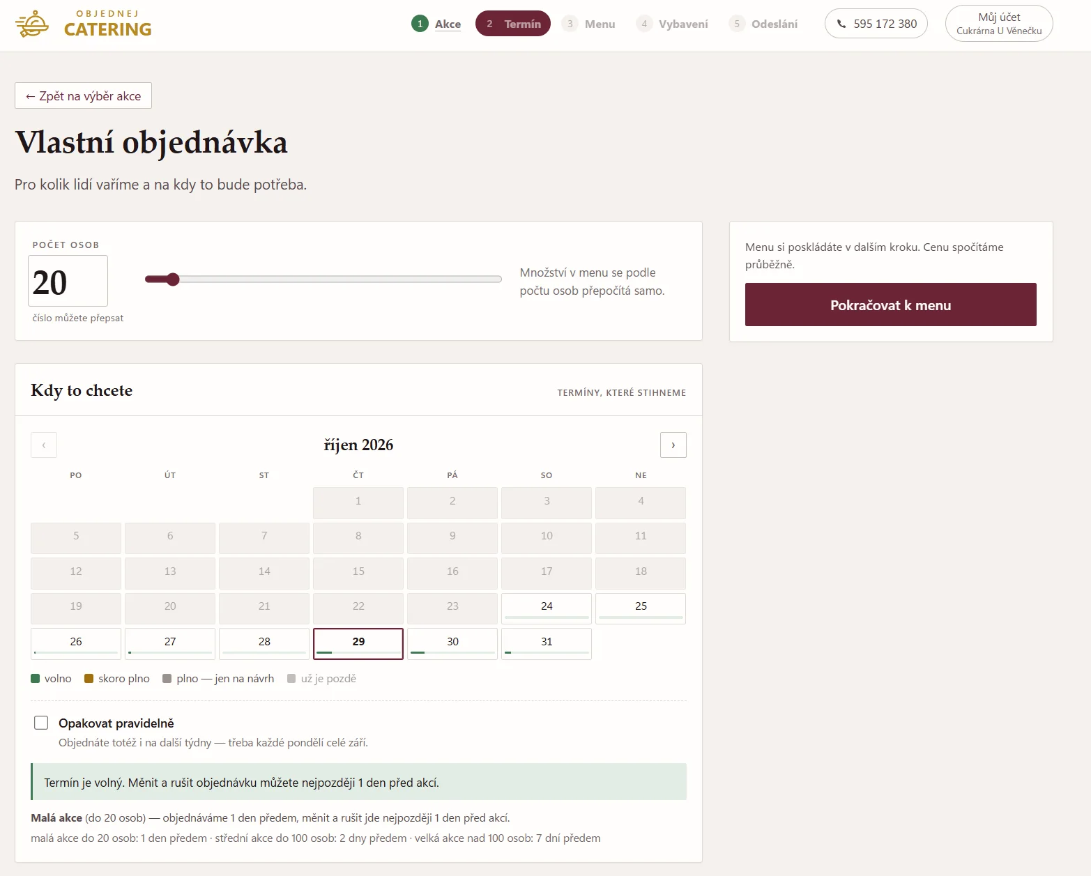 Počet osob, termín a opakování objednávky