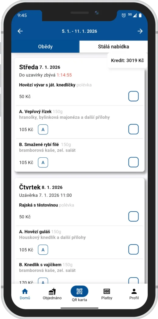 Mobilní aplikace Objednávka obědů – jídelníček na týden